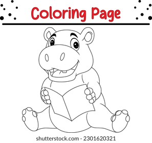 cute hippo cartoon reading book. hippo coloring page for kids