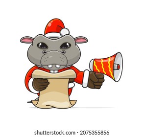 cute hippo cartoon, wearing santa costume holding megaphone and reading script, cute animal character wearing christmas costume, front view. kawaii and simple style, suitable for christmas content