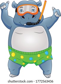 cute hippo cartoon wearing  snorkeling equipment