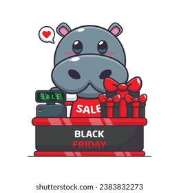 cute hippo with cashier table in black friday sale cartoon vector illustration