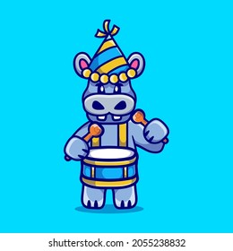cute hippo celebrates new year playing drums, suitable for t-shirt design or happy new year mascot