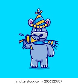 cute hippo celebrates the new year by blowing the trumpet, suitable for new year t-shirt design or cute animal new year mascot