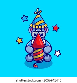 cute hippo celebrating new year with fireworks rocket, suitable for t-shirt designs or mascots celebrating the new year with cute animals