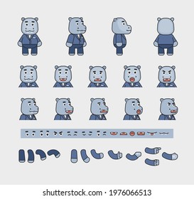 Cute hippo character in blue suit creation kit. Create your own action, animation, pose. Modern vector illustration