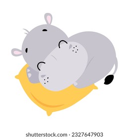 Cute Hippo Character Cuddling on Pillow Sleeping and Having Rest Vector Illustration