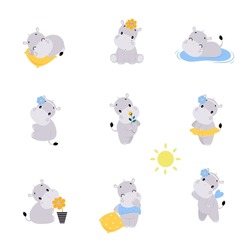 Cute Hippo Character Engaged In Different Activity Vector Set