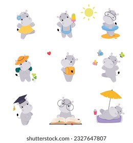 Cute Hippo Character Engaged in Different Activity Vector Set