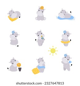 Cute Hippo Character Engaged in Different Activity Vector Set