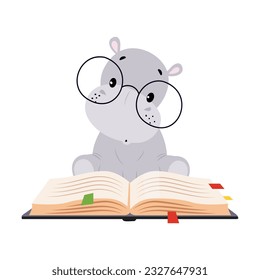 Cute Hippo Character in Glasses Sitting and Reading Book Vector Illustration