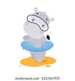 Cute Hippo Character in Goggles and Rubber Ring Standing on Sandy Beach Vector Illustration