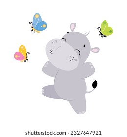 Cute Hippo Character Having Fun Catching Flying Butterfly Vector Illustration