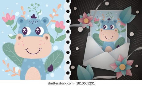 Cute hippo character idea for greeting card.