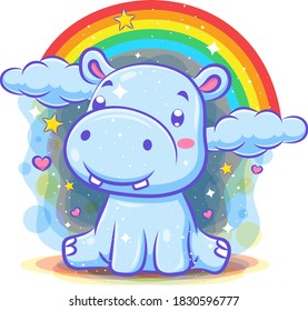 Cute hippo character with rainbow background of illustration 