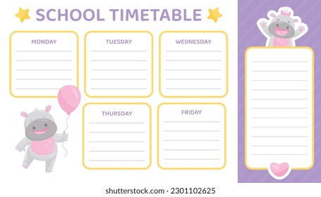 Cute Hippo Character School Timetable Vector Template