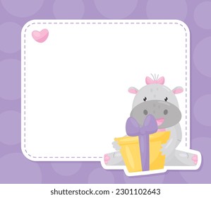 Cute Hippo-Zeichen Sitzen mit Geschenkbox Leere Karte Vektorvorlage