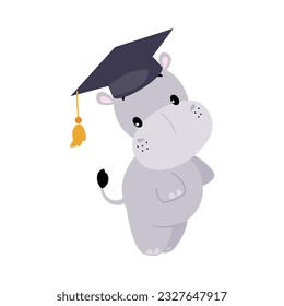 Cute Hippo Character Standing in Graduation Hat Vector Illustration