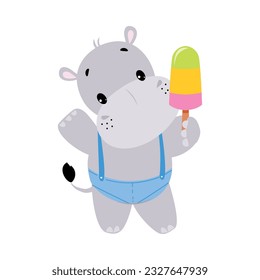 Cute Hippo Character Standing with Sweet Popsicle on Stick Vector Illustration