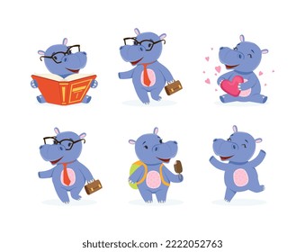 Cute Hippo Character with Stocky Body Engaged in Different Activity Vector Set