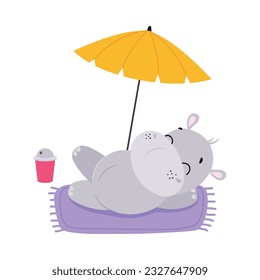 Cute Hippo Character Sunbathing on Beach Under Umbrella Vector Illustration