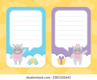 Cute Hippo Character with Toy Car and Gift Box Empty Card Vector Template