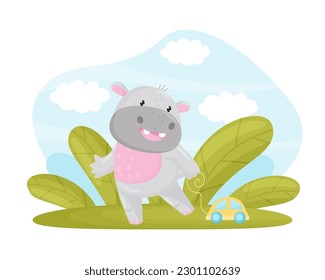 Cute Hippo Character Walking with Toy Car on String Vector Template