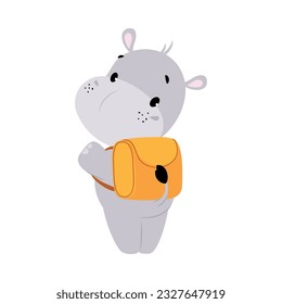 Cute Hippo Character Wearing Backpack Going to School Vector Illustration