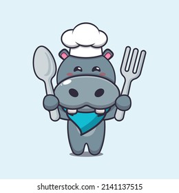 cute hippo chef mascot cartoon character holding spoon and fork 