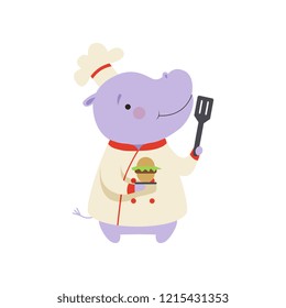 Cute hippo in chef uniform holding cupcake and spatula, cartoon animal character cooking vector Illustration on a white background