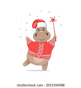 A cute hippo in Christmas Santa hat is holding magic wand.