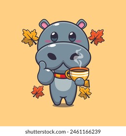 Cute hippo with coffee in autumn season. Mascot cartoon vector illustration suitable for poster, brochure, web, mascot, sticker, logo and icon.