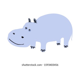 Cute hippo in colored doodle style isolated on white background. Wild animal cartoon. Vector stock illustration. Educational card for children. Zoo smiling behemoth. Design sticker,print t shirt,logo.