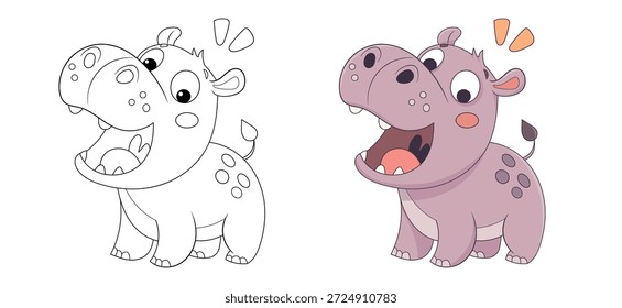 Cute hippo coloring page and colored version