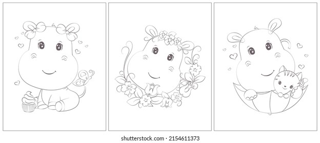 Cute hippo coloring page. Set of 3 pages for a coloring book. Cute animal vector illustration in black and white. Outlines of animals for coloring pages for girls and boys. 
