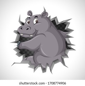 Cute hippo coming out of cracked wall illustration