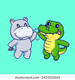 Cute Hippo And Crocodile High Five Cartoon Vector Icon Illustration. Animal Nature Icon Concept Isolated Premium Vector. Flat Cartoon Style