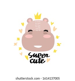 Cute Hippo with crown on head and hearts. Illustrations for children. Baby Shower card