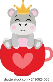 Cute hippo with crown on head inside love cup
