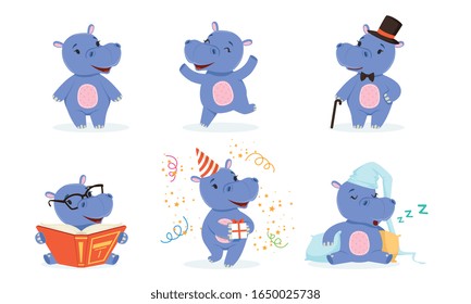 Cute Hippo in Different Situations Collection, Lovely Humanized Animal Cartoon Character Vector Illustration on White Background