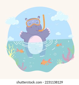 Cute hippo  is diving  in diving gear, vector illustration