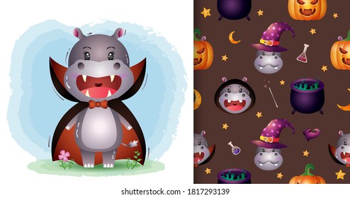 a cute hippo with dracula costume halloween character collection. seamless pattern and illustration designs