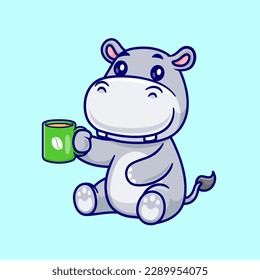 Cute Hippo Drink Coffee Cartoon Vector Icon Illustration. Animal Drink Icon Concept Isolated Premium Vector. Flat Cartoon Style