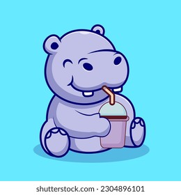 Cute hippo drinking cartoon vector icon illustration animal drink icon concept isolated premium
