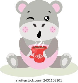 Cute hippo drinking a hot coffee

