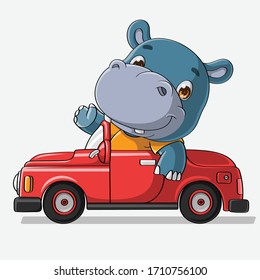 Cute hippo drive car, Hand drawn