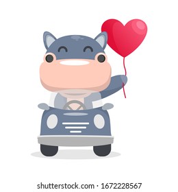 cute hippo driving car with balloon