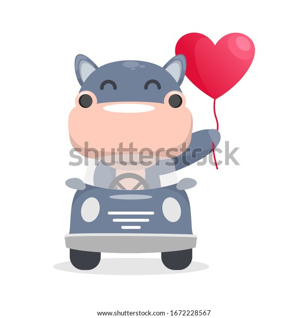 cute hippo driving car\
with balloon