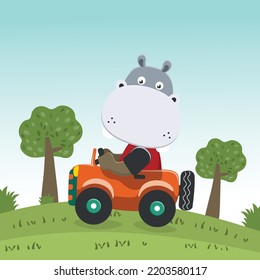 cute hippo driving a car go to forest funny animal cartoon. Creative vector childish background for fabric, textile, nursery wallpaper, poster, card, brochure. and other decoration.