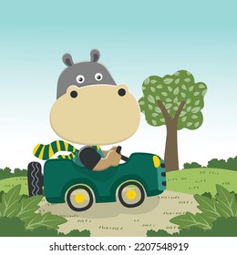 Cute hippo driving a car go to forest funny animal cartoon. Creative vector childish background for fabric, textile, nursery wallpaper, poster, card, brochure. and other decoration.