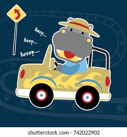 Cute hippo driving car on the road with road sign, vector cartoon illustration