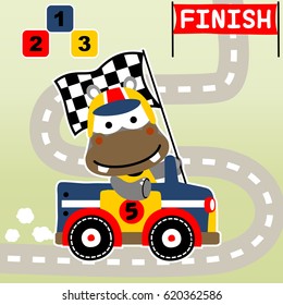 Cute hippo driving racing car, vector cartoon illustration